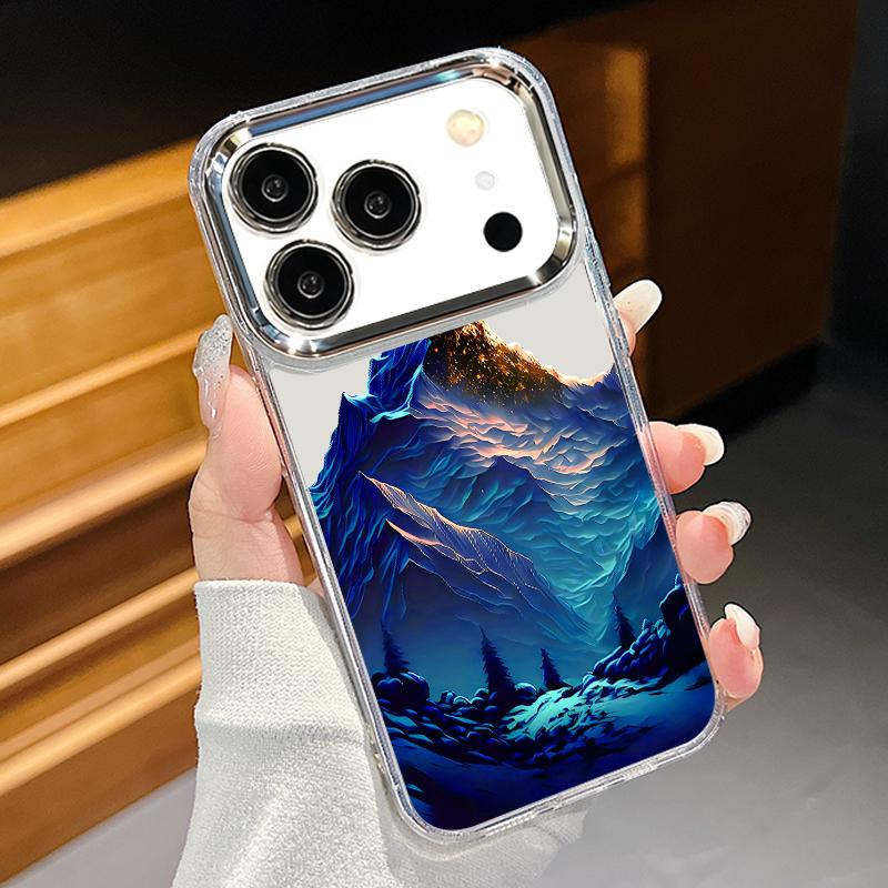 Snow Mountain Scenery Phone Case For iPhone 17 Pro Max Plating Lens Frame Clear Soft Cover For iPhone 16 15 14 13 Pro Max 11 16E 17E