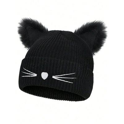 Women's Cat Beanie Crochet Hats With Ears Knitted Black Cat Hats Winter Cute Y2k Cat Ears Beanie