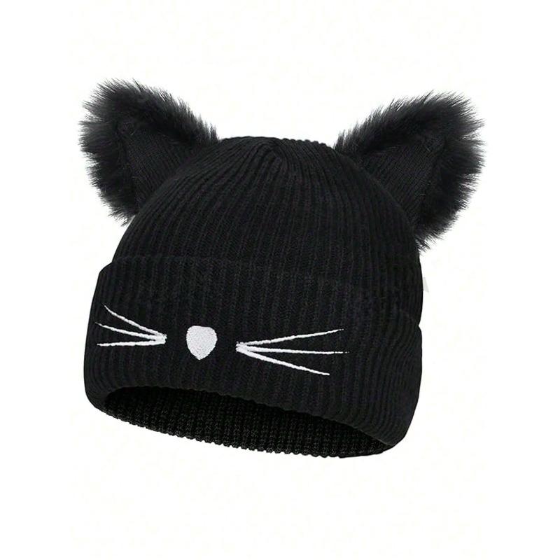Women s Cat Beanie Crochet Hats With Ears Knitted Black Cat Hats Winter Cute Y2k Cat Ears Beanie