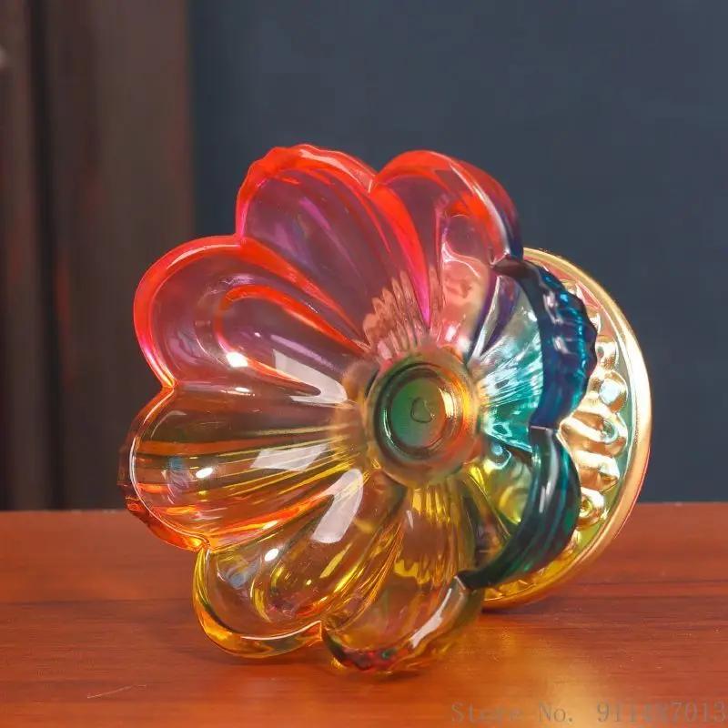 Crystal Glazed Lotus Shaped Fruit Plate Serving Colorful Household Restaurant Supplies Indoor Buddha Ornaments Tribute Plate 1Pc