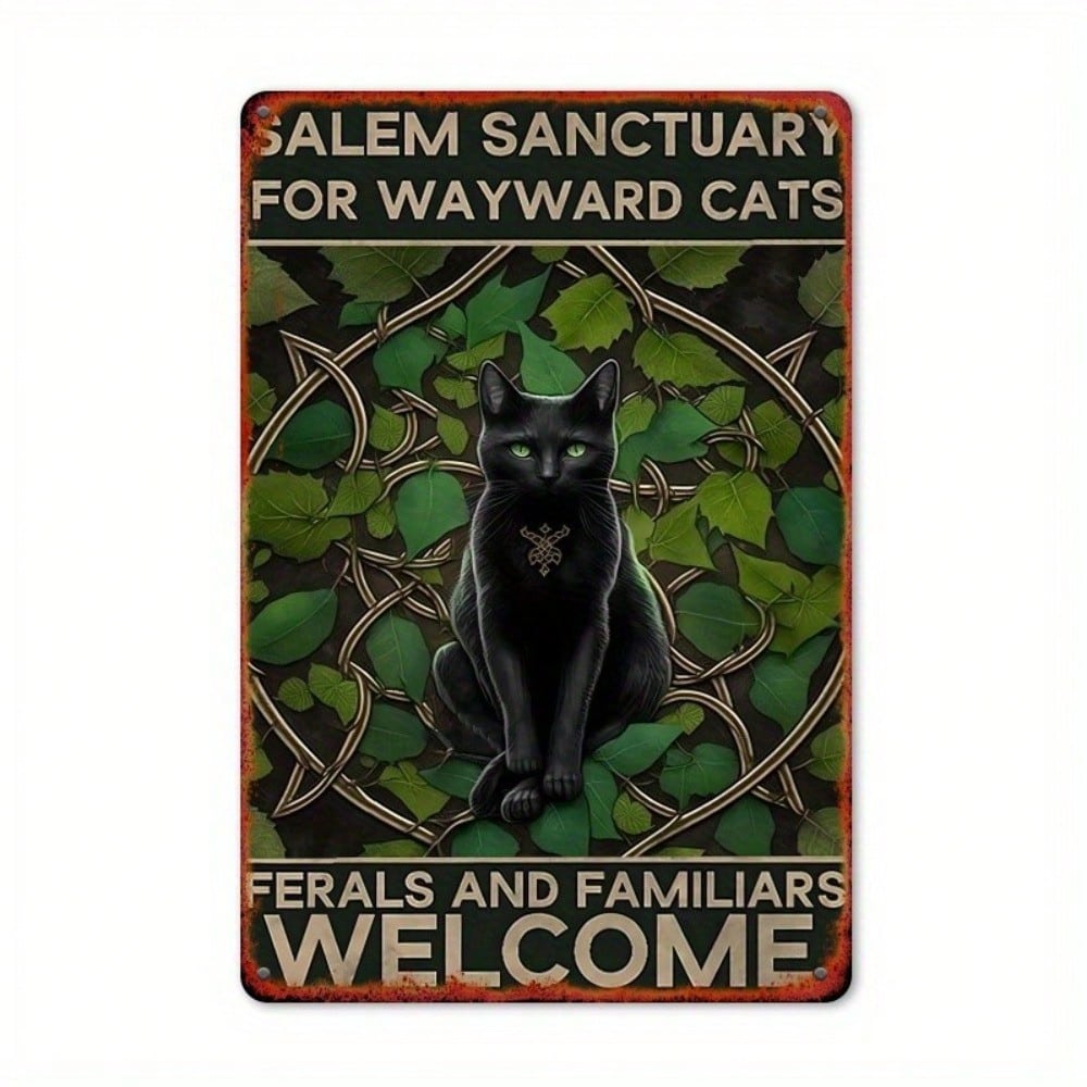 Witch Cat Metal Wall Art Vintage Home Decor Gothic Plaque 20x30cm