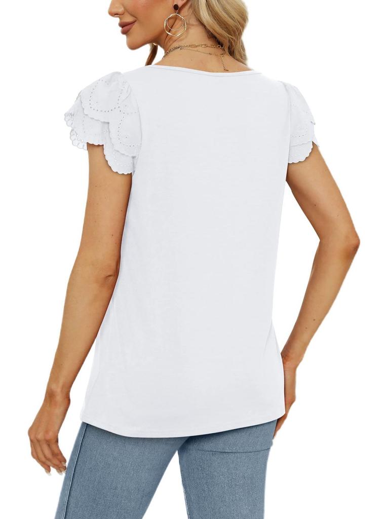 2023 Summer Women's Solid Color Loose U-Neck Lace Short Sleeve Top