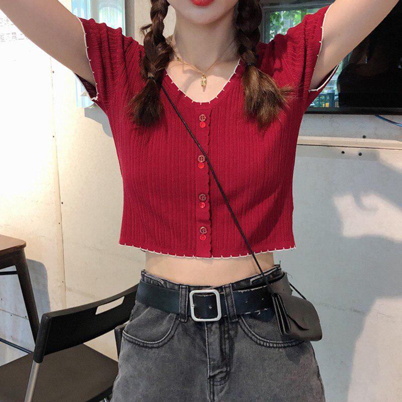 Letni Dziewczęcy Seksowny T-shirt z Dekoltem V Jednolity Kolor Krótki Rękaw Dzianinowe Topy Styl Preppy Dopasowany T-shirt