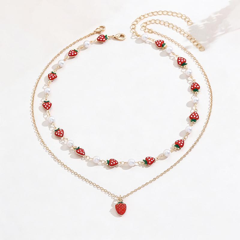 2Pcs Layered Strawberry Pearl Necklace Set for Women Cute Sweet Dainty Adjustable Summer Vacation Beach Jewelry Gift