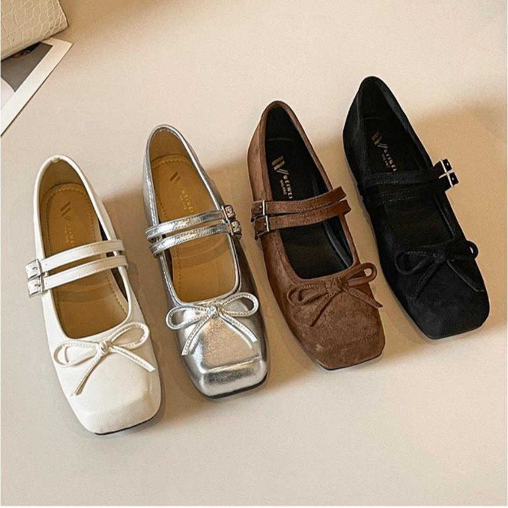 Flat Shoes Women's Spring and Summer Retro Bow Word with Mary Jane Shoes Shallow Mouth Inner Height Increase Pumps Women