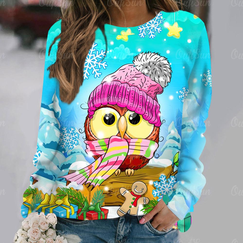 Cartoon Owl Pattern Cotton T-Shirt For Women Christmas Style Long Sleeve Tops Autumn O Neck Oversized Pullover Harajuku Sweater