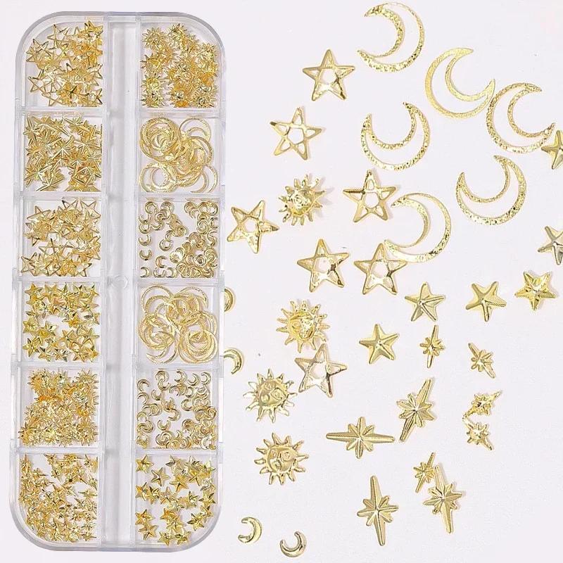 12 Grids Gold Star Moon Nail Art Charm 3DMetal Nail Rhinestones for Acrylic Nails Decoration Jewelry Making DIY Crafts Supply