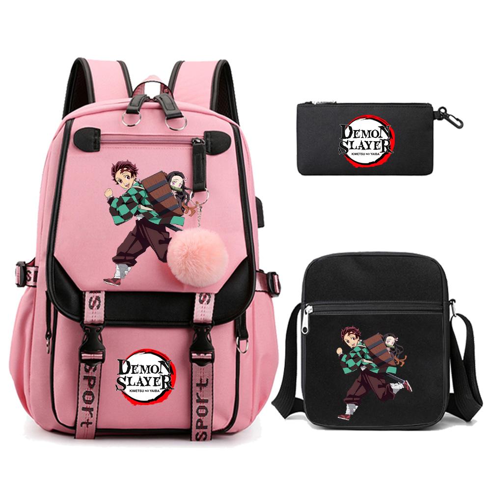 3Pcs/set Cartoon Demon Slayer Printed Backpack with Shoulder Bag for Teenager Student Girl Boy Bookbag Large Capacity Travel Bag