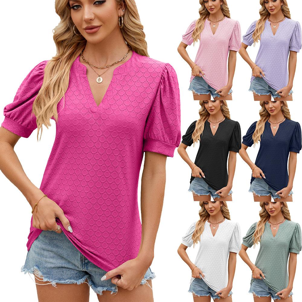 Spring Summer Short Sleeve Blouses Solid V-neck Bubble Sleeve Loose Top for Women