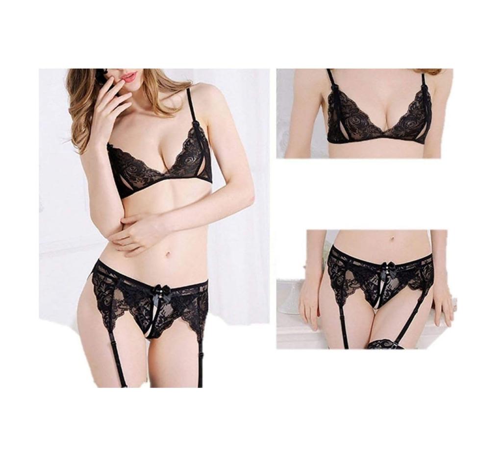 DREAMPARTY Sexy Lingerie Set for Women Garter and with Perforated and Sexy Lingerie Set 4-Piece (Bra, T-Back, Belt, Stockings) Underwear, Erotic,