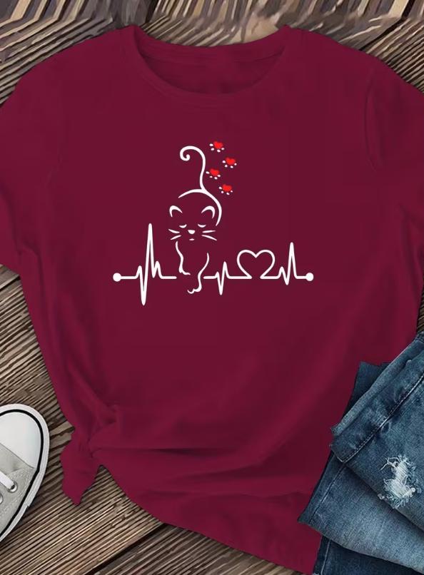 Women Cat Lover Graphic T Shirt Cute Cat On Heartbeat EKG Line Paw Heart Print Round Neck Short Sleeve Lightweight Summer Casual Cat Mom Tee