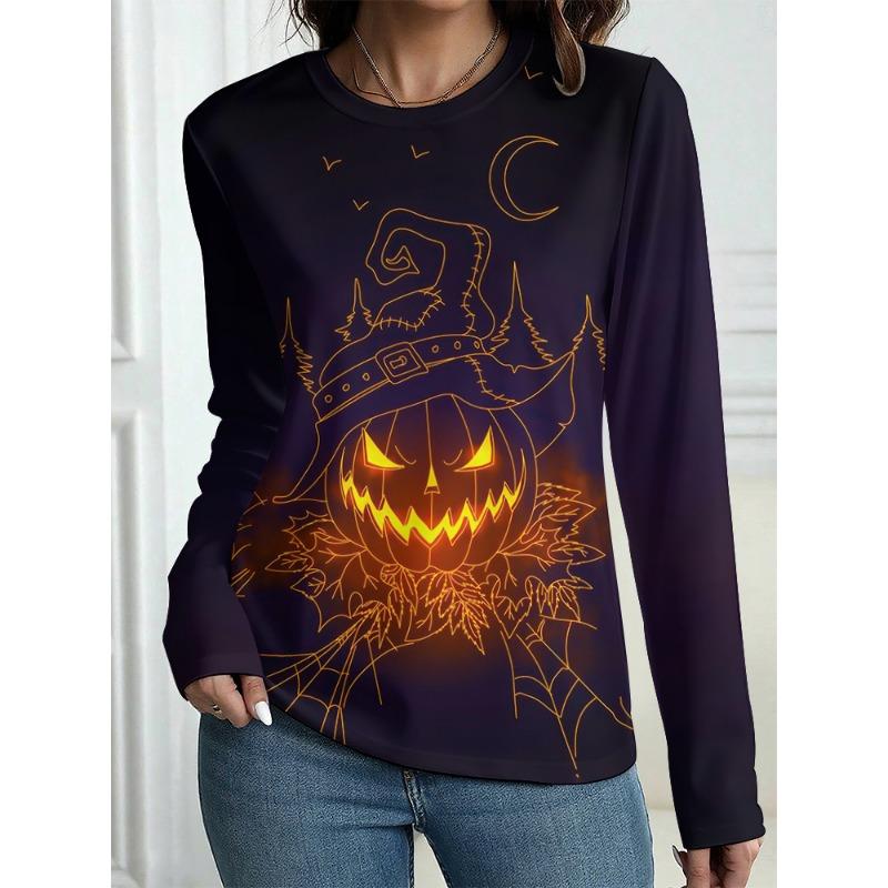 Autumn Long Sleeve Women's T-shirt Fashion Casual Long T-shirt Tops Halloween Spooky Ghost Printing OverSize Women's Clothing