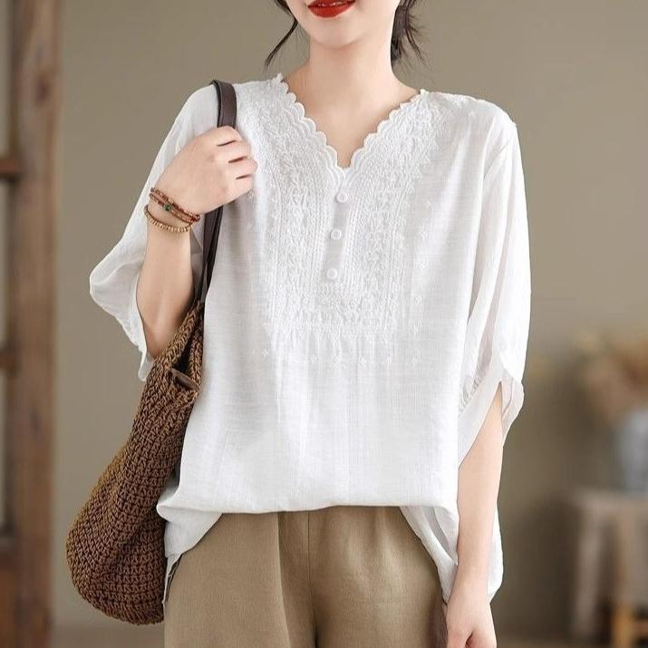 Women's Cotton Linen T-shirt  Summer Retro Loose V-neck  Plus Size Blouse Soft and Skin-friendly Blouse