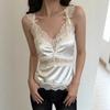 Y2K Retro Back Satin Wide Shoulder Strap V-neck Base Lace Patchwork Sleeveless Camisole Vest