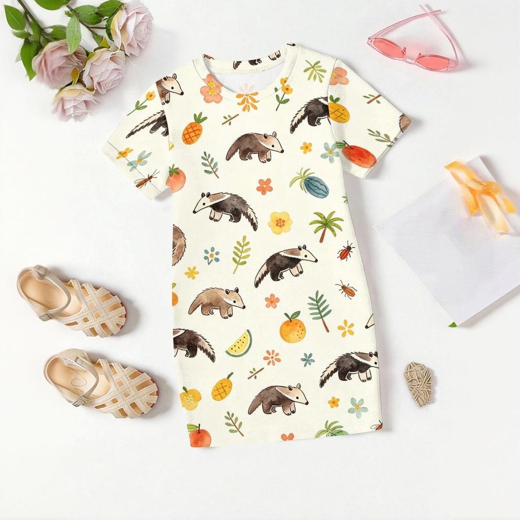 Girls Loose Fit Short Sleeve Dress Lightweight Cotton Animal Print Round Neck Kids Casual Summer Dress for Children