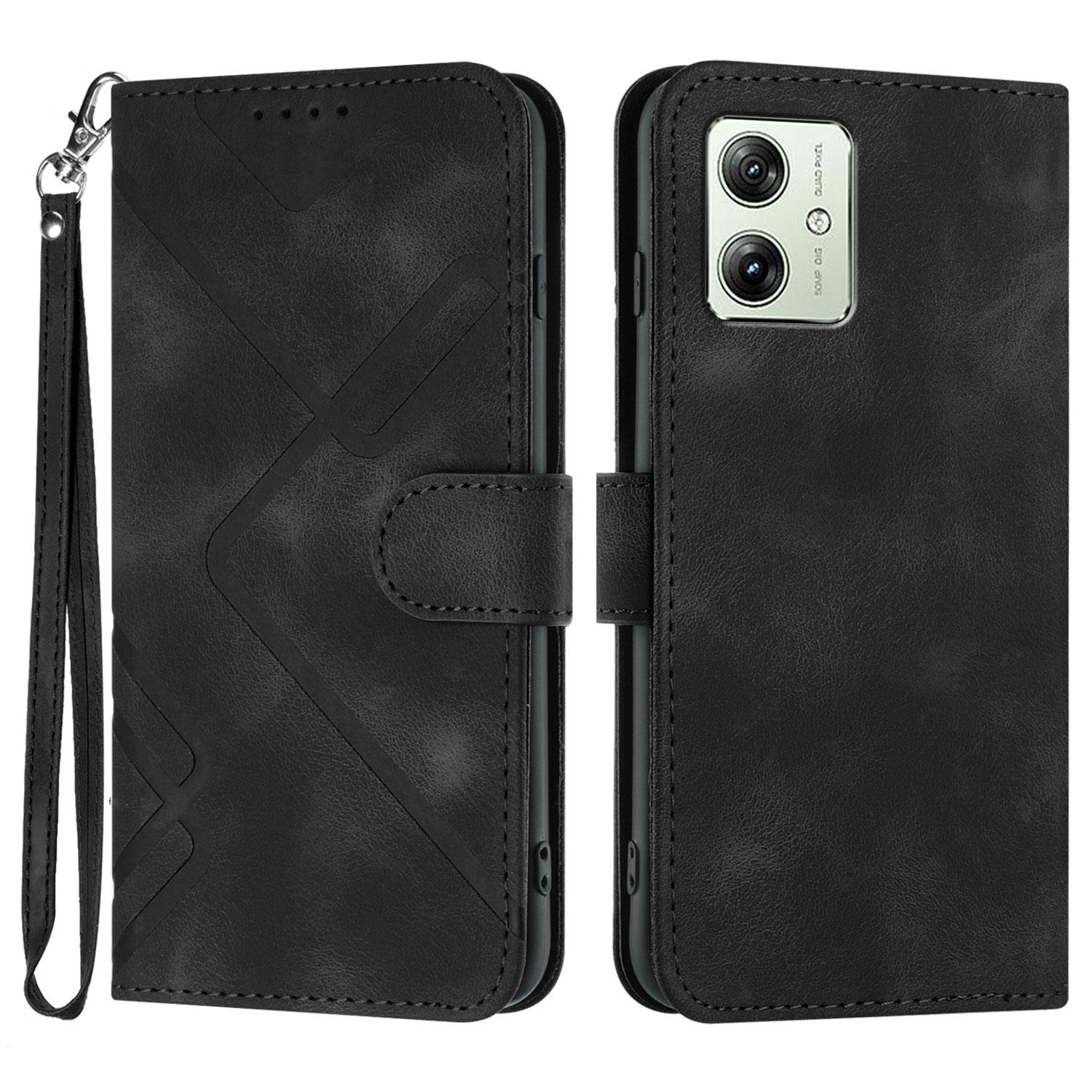 

For Motorola Moto G54 Power 5G Wallet Case Line Imprinted PU Leather Phone Cover with Strap Black