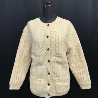 Northern Isles 100% Schurwolle Langer Cardigan Damen M Elfenbein Aranmuster Vintage(GEBRAUCHT)