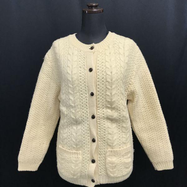 Northern Isles 100% Virgin Wool Long Cardigan Women M Ivory Aran Pattern Vintage(USED)
