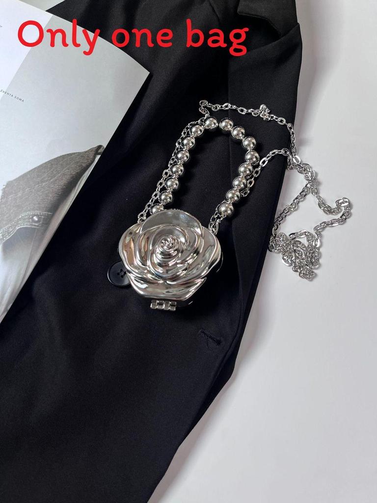 Metallic Rose Flower Mini Box Bag With Magnetic Closure For Daily Fashion Accessories
