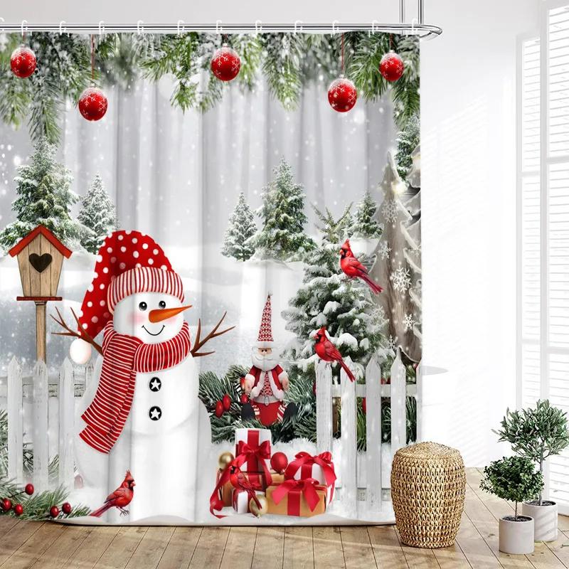 GAEFunny Red Santa Claus Shower Curtain Gold Xmas Balls Gifts White Snowflakes Winter Christmas Bath Curtains Home Bathroom De