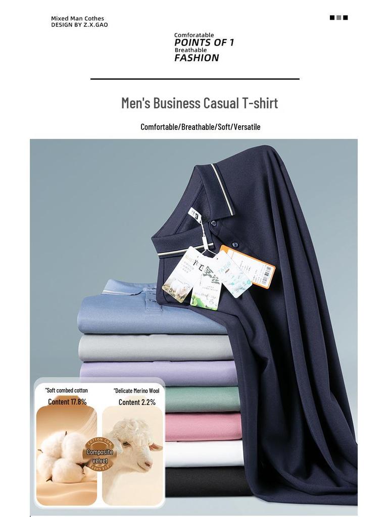 Men's Cashmere Wool & Silk Long Sleeve Polo - Spring/Autumn 2025 Edition, Versatile Dad's Turn-Down Collar Shirt