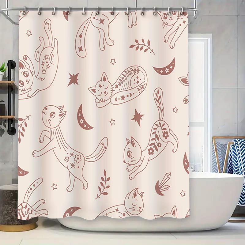 

Cute Animal Print Shower Curtain Cat Moon Stars Decorative Waterproof Fabric Bathroom Accessories Pink White Set 6 Hooks Include W60H190(CM)-1 Pcs