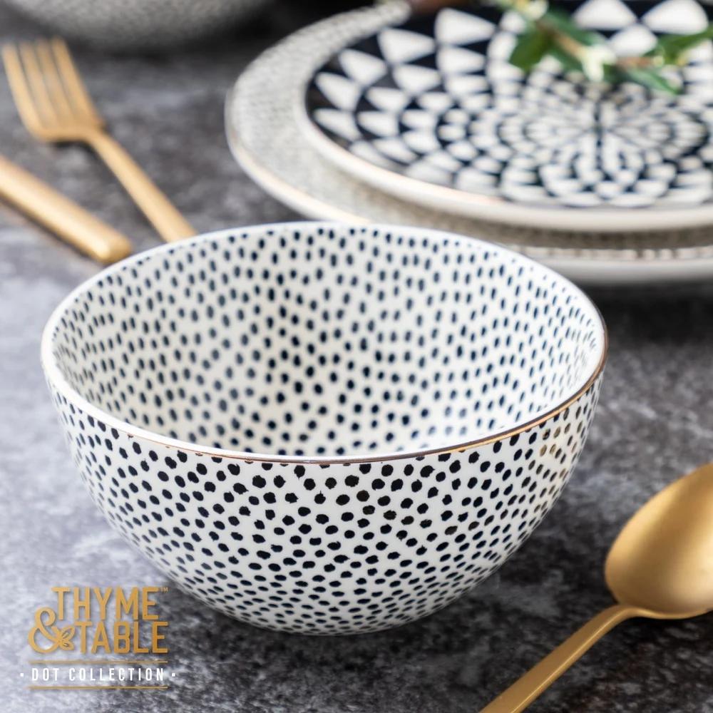 2 Pack Stoneware Bowls Dishwasher Microwave Safe Elegant Dining Essential Tableware Black White Dot Design Durable Chef