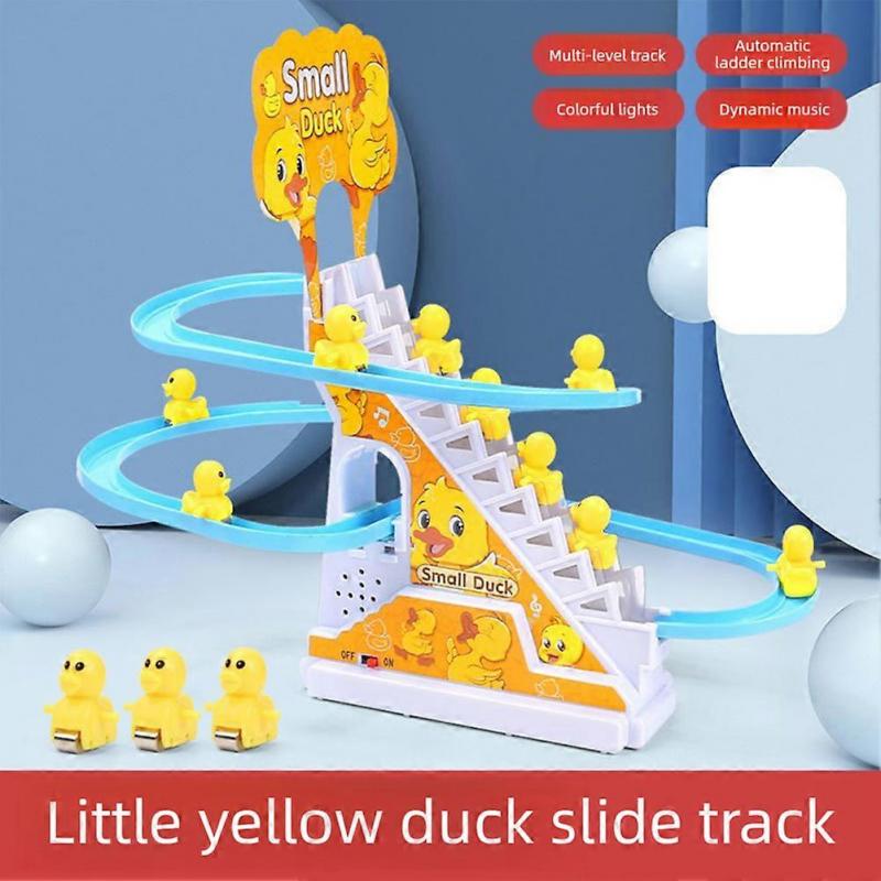 Cute Duck Chasing Playset for Kids, Fun Roller Coaster Track Toys with Climbing Stairs, Slides, and Music