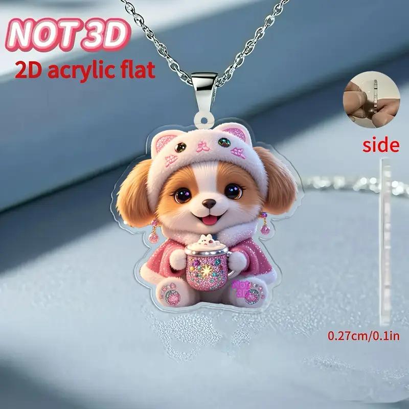 Cross-border new cartoon puppy necklace flat acrylic Christmas gift cute puppy holding cup necklace