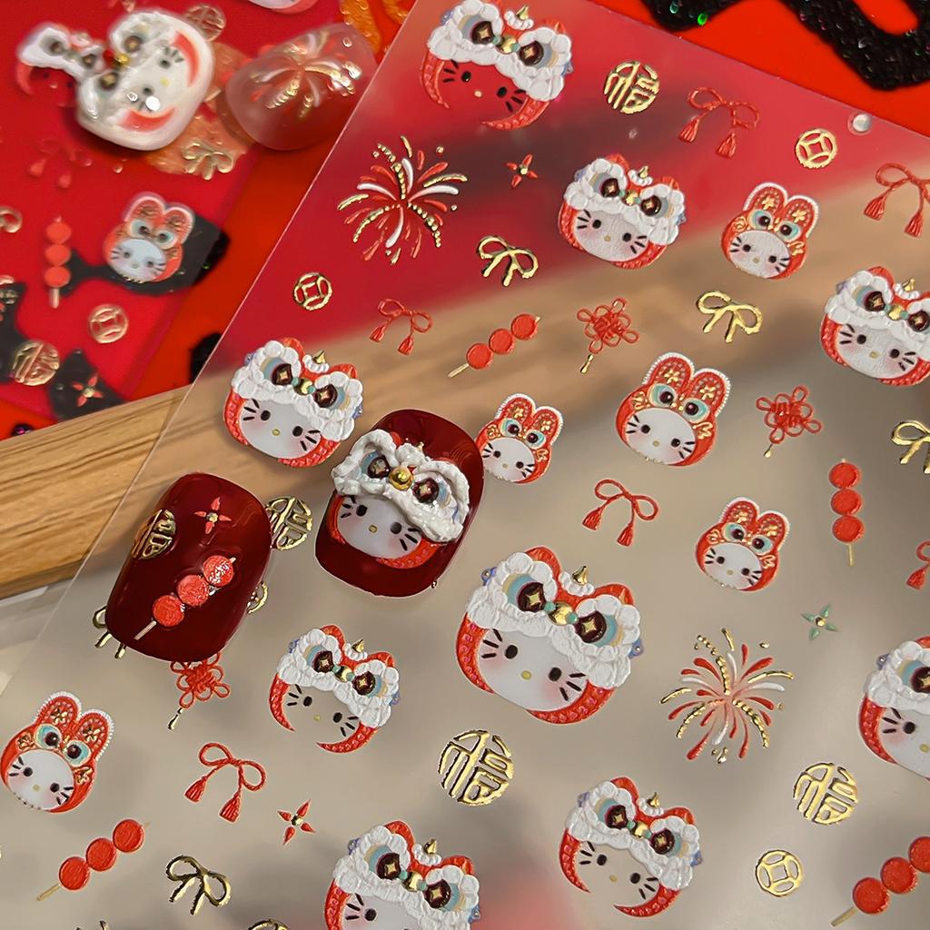 1Pcs Cartoon Hello Kitty Nail Stickers Chinese Style Cute  Year Lion Head Kt Hat Nail Decal Diy Nail Art Decoration