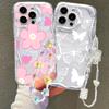 Transparent Butterfly Flower With Wrist Strap Chain Case For IPhone 17 Air 16 15 14 13 Pro Max Plus 11 12 13 Mini X 7 8 Cover