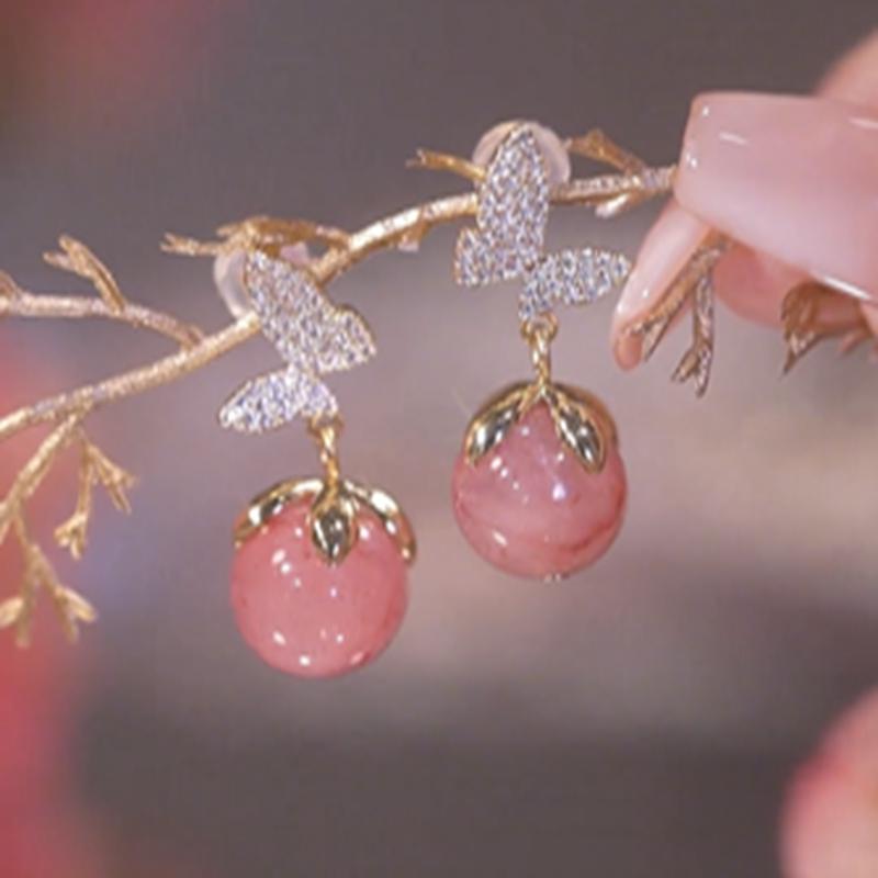 Korean Sweet Pink Peach Drop Earrings for Women Shiny Zircon Butterfly Opal Pearl Dangle Earring Girls Party Aesthetic Zircon