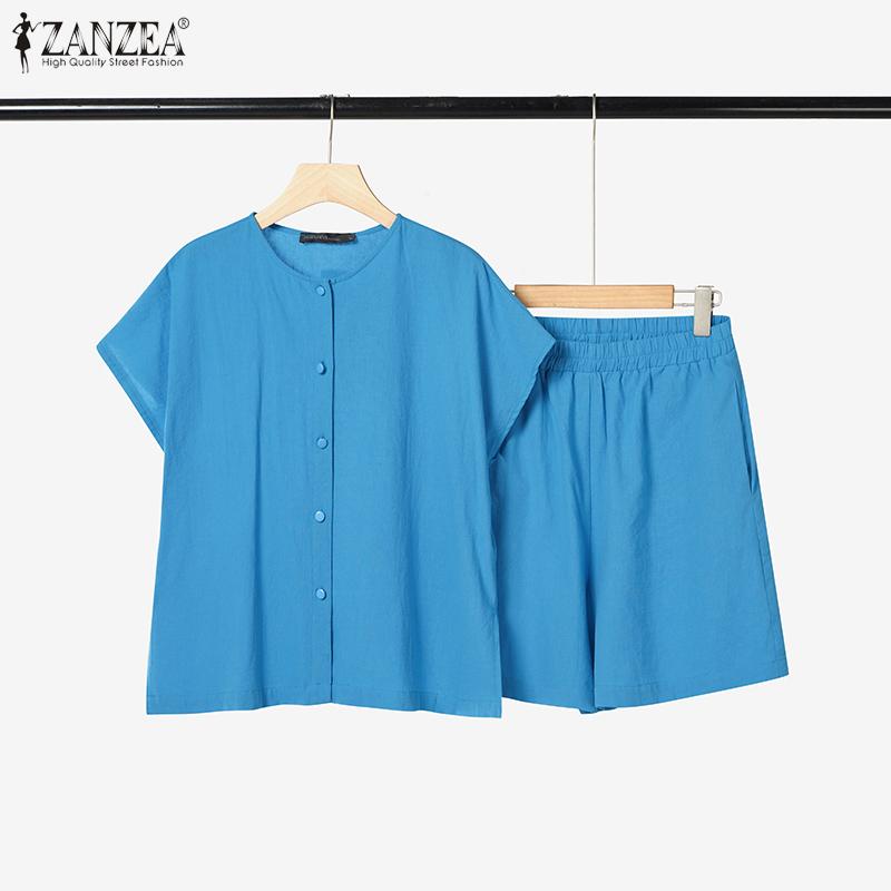 ZANZEA Women Short Sleeve Blouse and Shorts Summer Two Piece Suit Sets