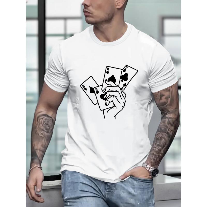 European Sizes Poker Card Print, Men's Round Crew Neck Short Sleeve, Simple Style Tee Fashion Regular Fit T-Shirt, Casual Comfy Breathable Top
