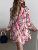 Turndown Collar Print Flower Dress Waist Hugging Elegant Lace Up Dress for Women Long Sleeve Loose Dresses Causal Backless Dress