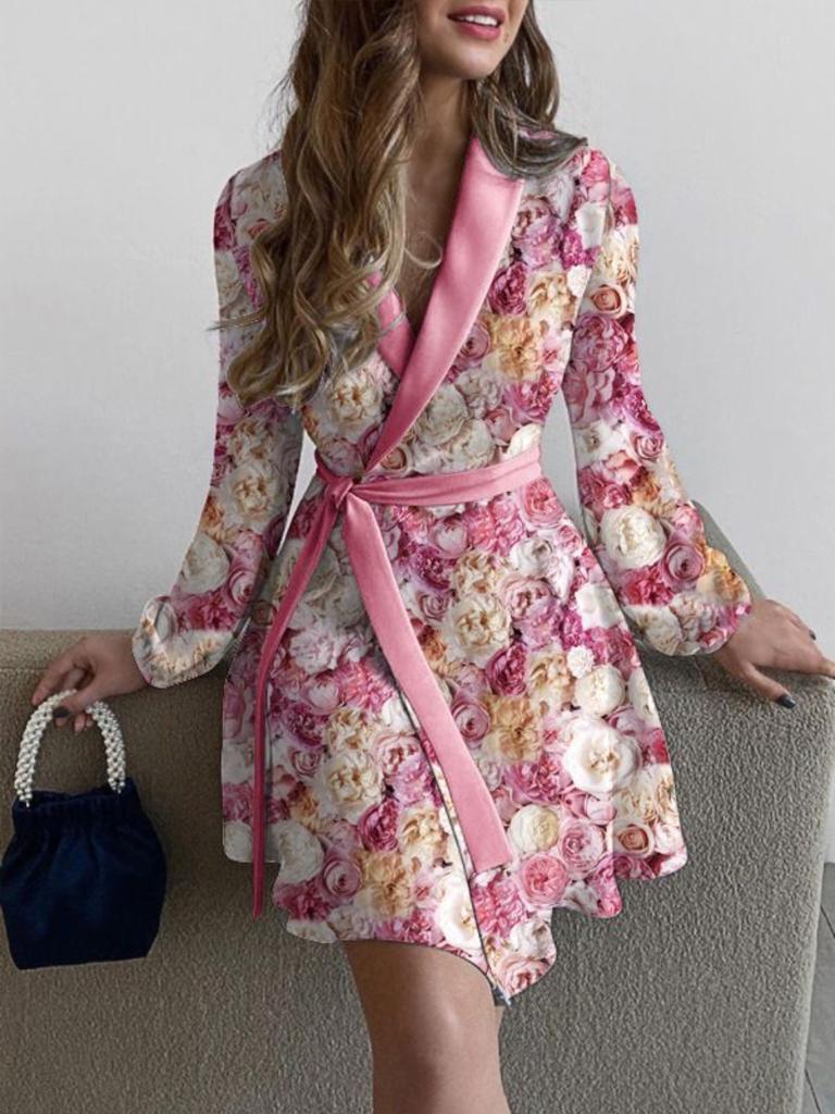 Turndown Collar Print Flower Dress Waist Hugging Elegant Lace Up Dress for Women Long Sleeve Loose Dresses Causal Backless Dress