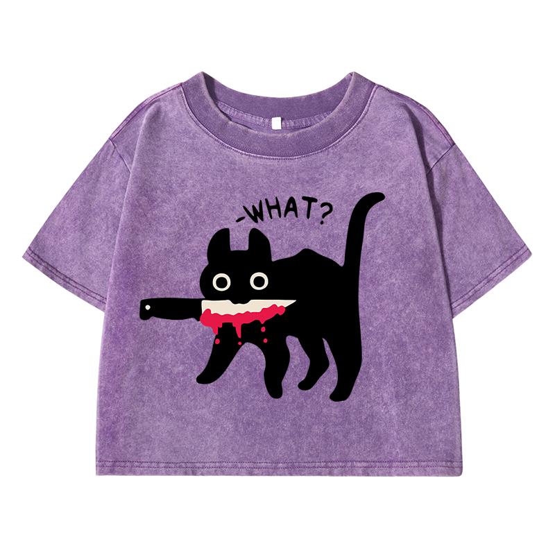 Surprised Black Catprinting Female Washed Short Tshirt Breathable Summer T Shirt Fashion Top Midriff-Baring Tshirts Women