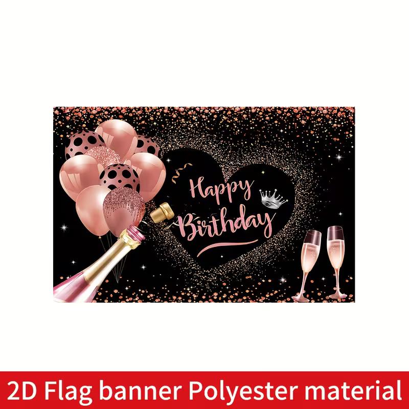 2D Black & Rose Gold Birthday Backdrop, Champagne Balloon Themed Photography Background