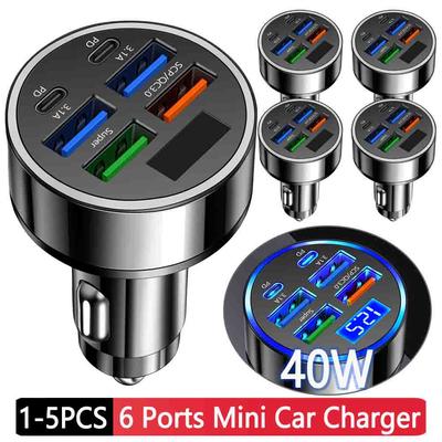 1-5Pcs 40W Mini Car Charger 6 Ports USB Phone Charger Fast Charging PD Usb Type C QC3.0 Cigarette Lighter Adapter for Huawei