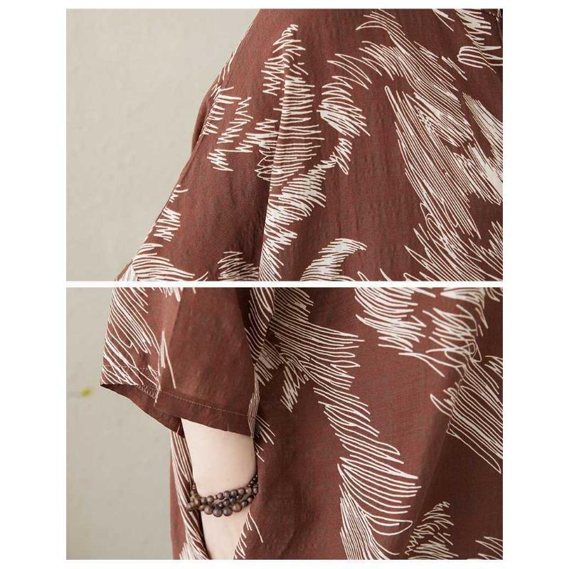 Temperament Literary Vintage Printed Stand Collar Loose Oversized Vacation Dresses