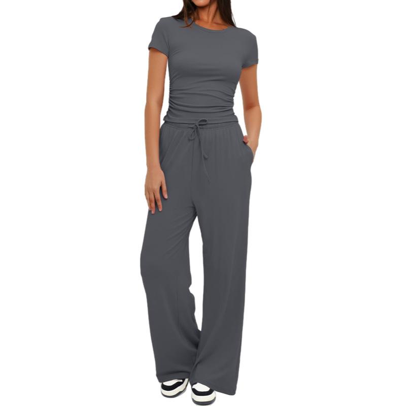 Solid Color Casual Long Sleeve Set Top High Waisted Wide Leg Pants Sportswear