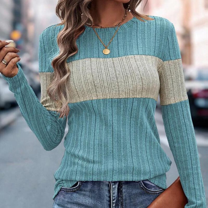 

Новинки осени и зимы 2025 года, тонкий свитер свободного кроя с круглым вырезом и цветовой блокировкой, темпераментный, универсальный, элегантный женский топ с длинным рукавом 5019 XXL синий