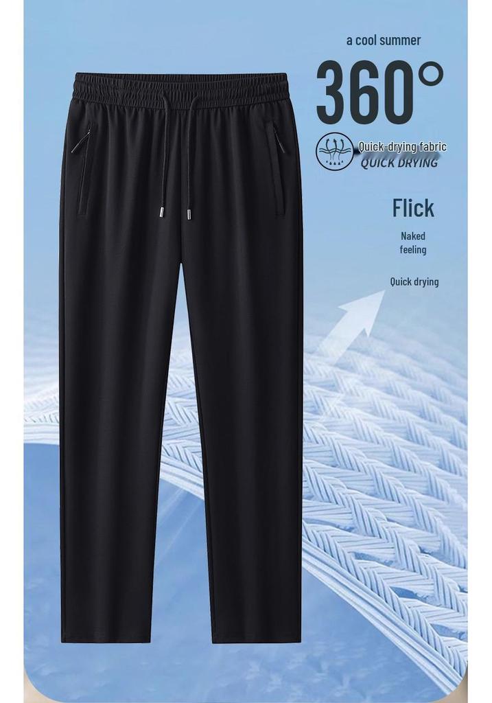 Men's Summer Ice Silk Zipper Pants - Lightweight, Loose, Elastic Straight-Leg, Quick-Dry, Trendy Korean Style Sportswear