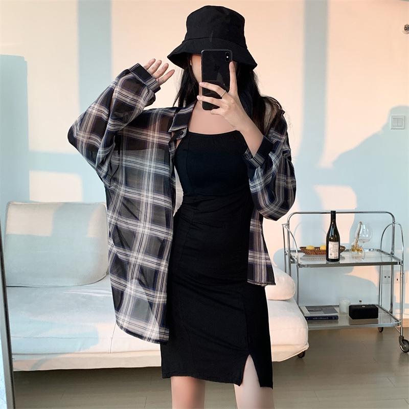 1116 New Blue Plaid Shirt Women's Summer Thin Sunscreen Shirt Design Sense Niche Top Jacket Trendy