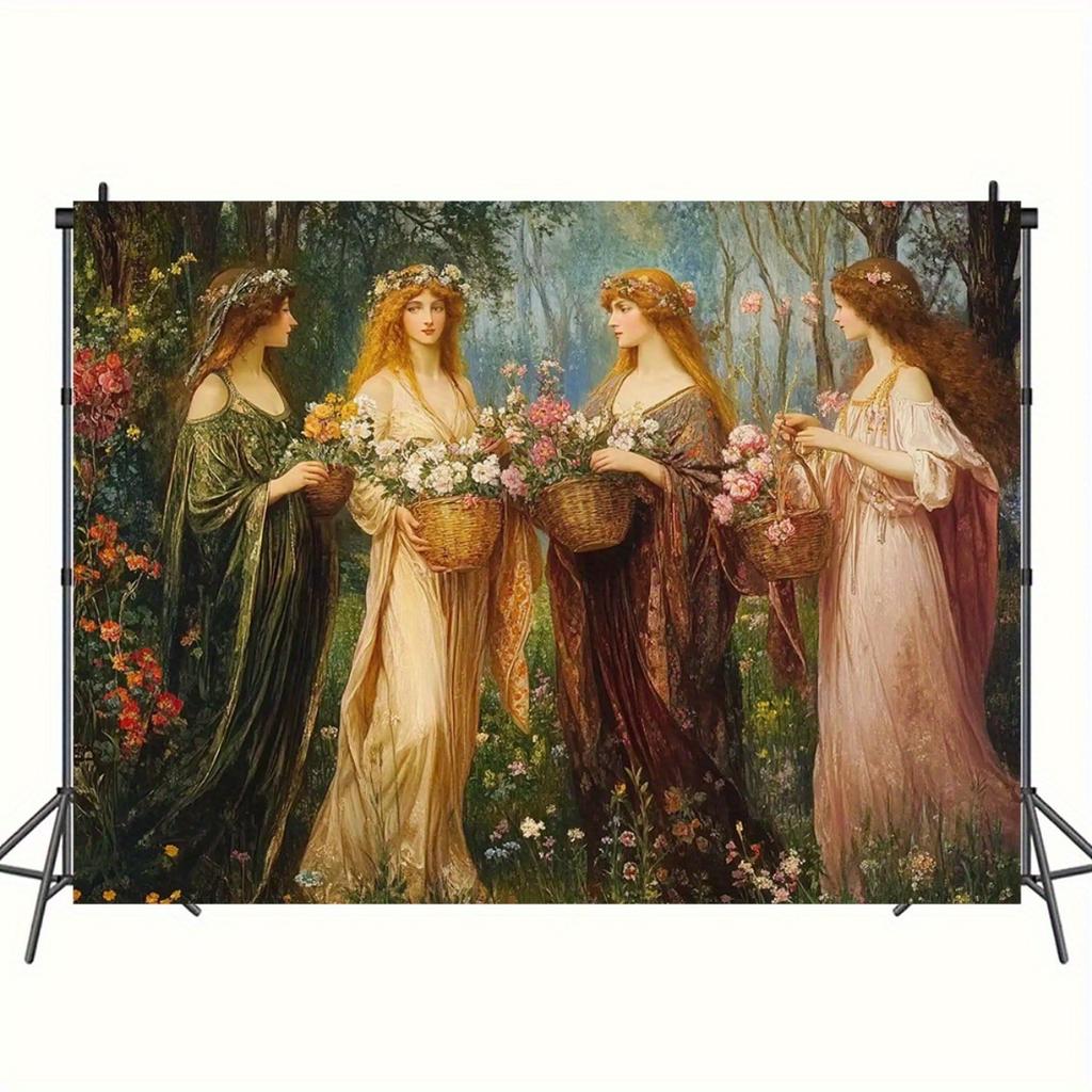 Four Seasons Women Garden Art Tapestry Floral Dress Wall Hanging Vintage Painting Home Decor Romantic Living Room Art Print