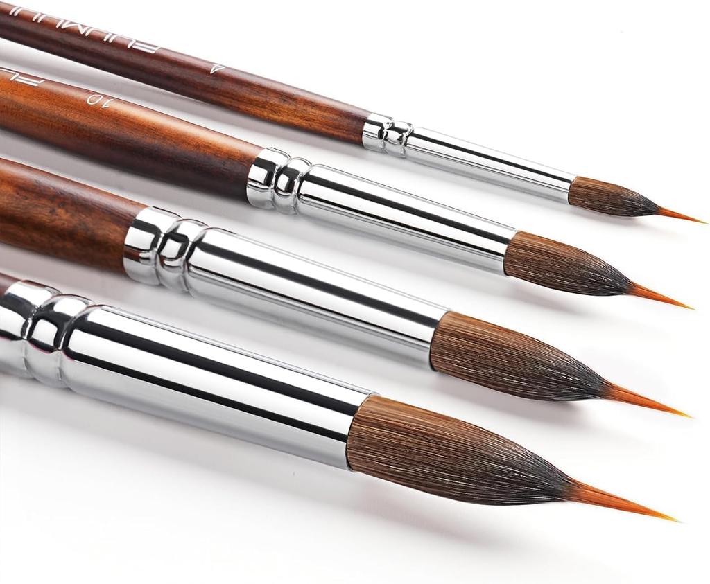 Kolinsky Sable Bristle Brush Set, 4-Piece Watercolor Brush Set with Extended Needle Tips, Synthetic Material Extra-Long Needle Tip Brushes, for Waterc