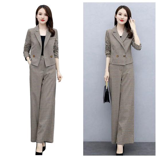 

Женский комплект из 2 шт./компл., кардиган с длинными рукавами и пуговицами в клетку, пальто с принтом, брюки, куртка с широкими штанинами