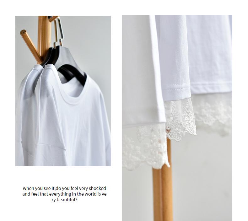 Lace Spliced Plus Size Pure Cotton Long Sleeve T-Shirt - Mid-Length Early Autumn Women's Top