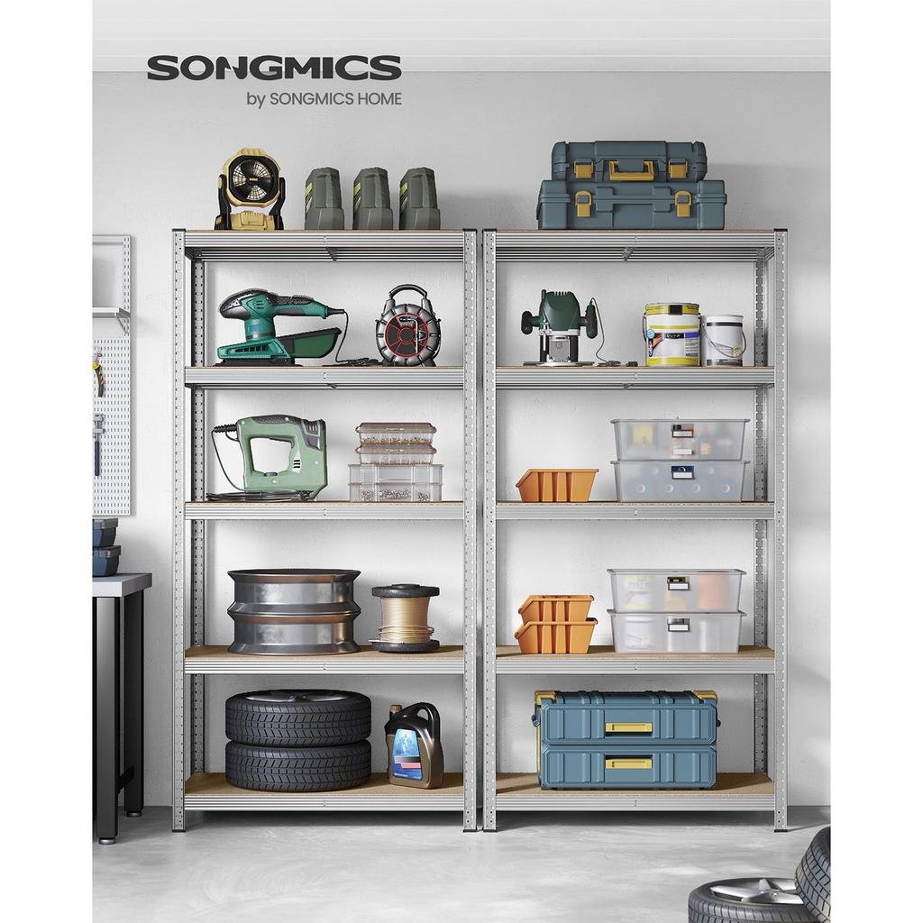 SONGMICS 5-Tier Shelving Units, Set of 2 Steel Shelving Units for Storage, Tool-Free Assembly, for Garage, Shed, Load Capacity 600 kg