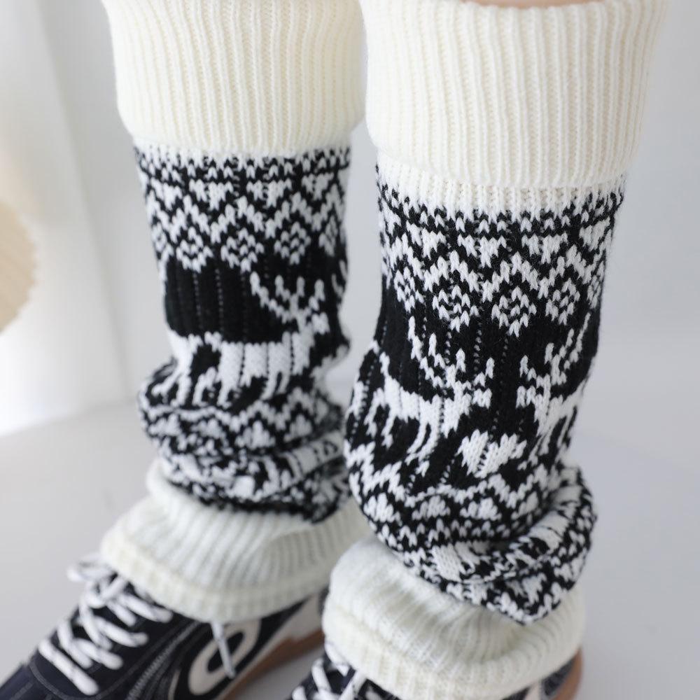 Fair Isle Vintage Knit Reindeer Leg Warmers - Grey, Cream, & White Women's Calf Socks